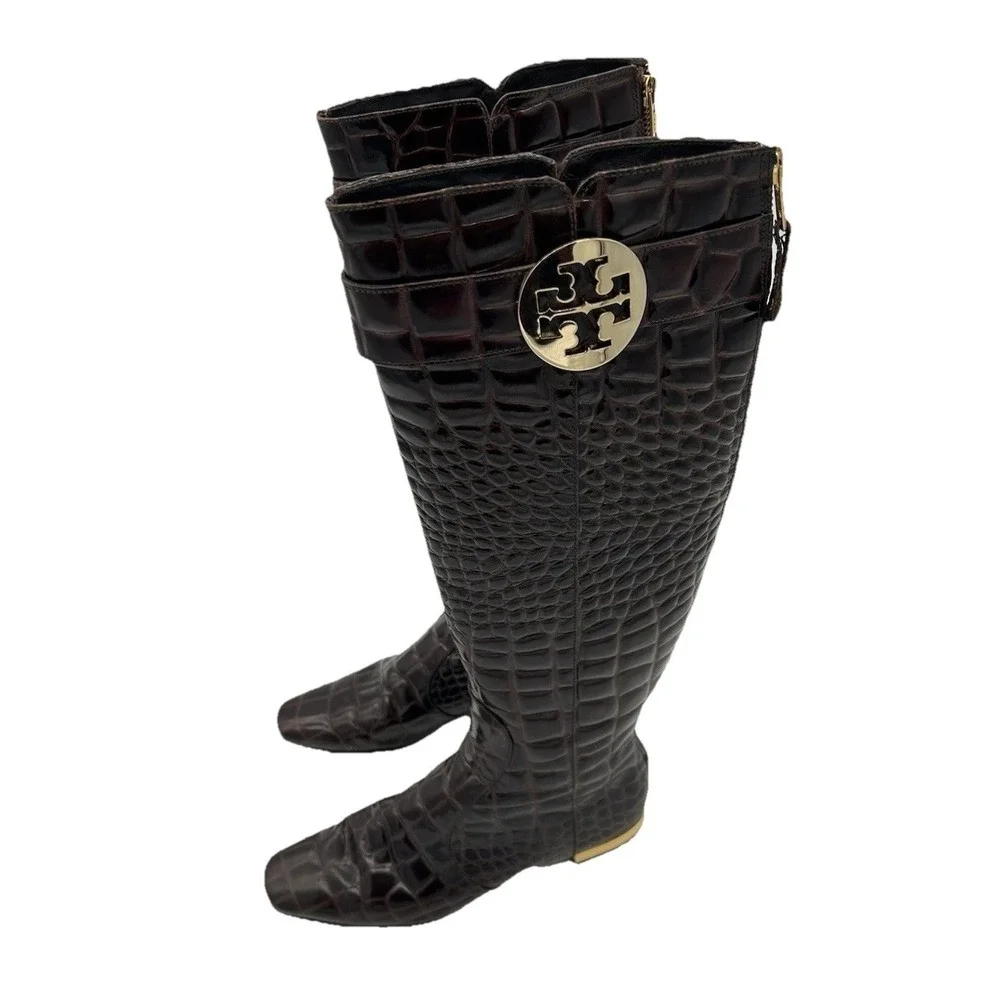 Tory Burch Brown Crocodile embossed leather riding boot Gold Heel & Logo Size‎ 7